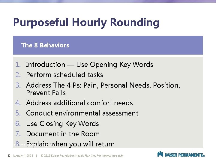 Purposeful Hourly Rounding The 8 Behaviors 1. Introduction — Use Opening Key Words 2.