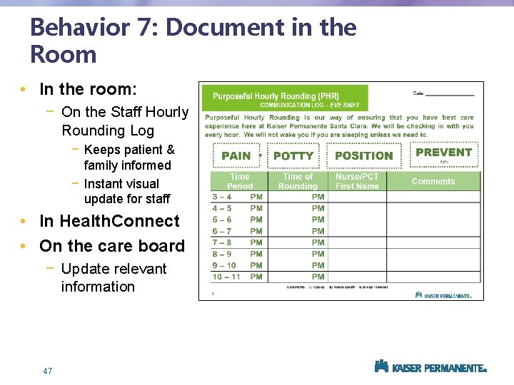 Behavior 7: Document in the Room • In the room: − On the Staff