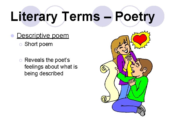 Literary Terms – Poetry l Descriptive poem ¡ Short poem ¡ Reveals the poet’s