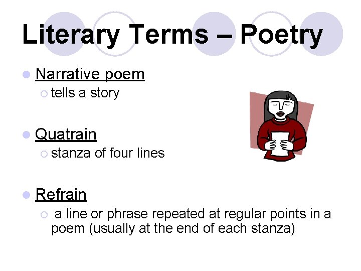 Literary Terms – Poetry l Narrative poem ¡ tells a story l Quatrain ¡