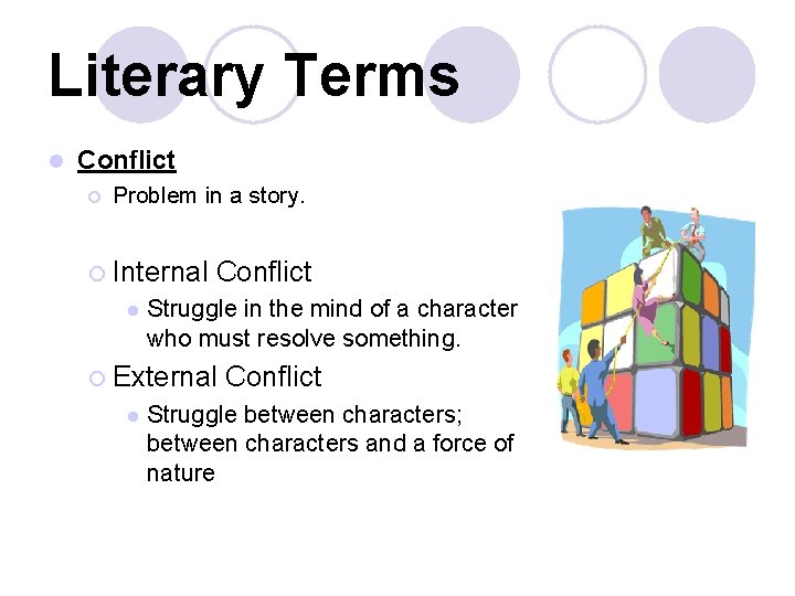 Literary Terms l Conflict ¡ Problem in a story. ¡ Internal Conflict l ¡