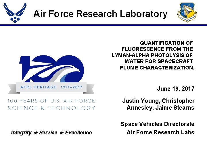 Air Force Research Laboratory QUANTIFICATION OF FLUORESCENCE FROM THE LYMAN-ALPHA PHOTOLYSIS OF WATER FOR