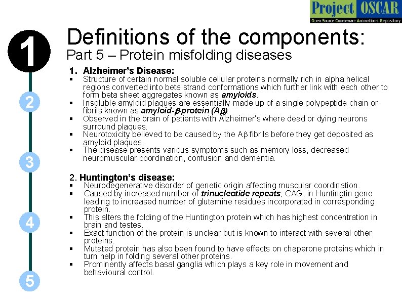 1 Definitions of the components: Part 5 – Protein misfolding diseases 1. Alzheimer’s Disease: