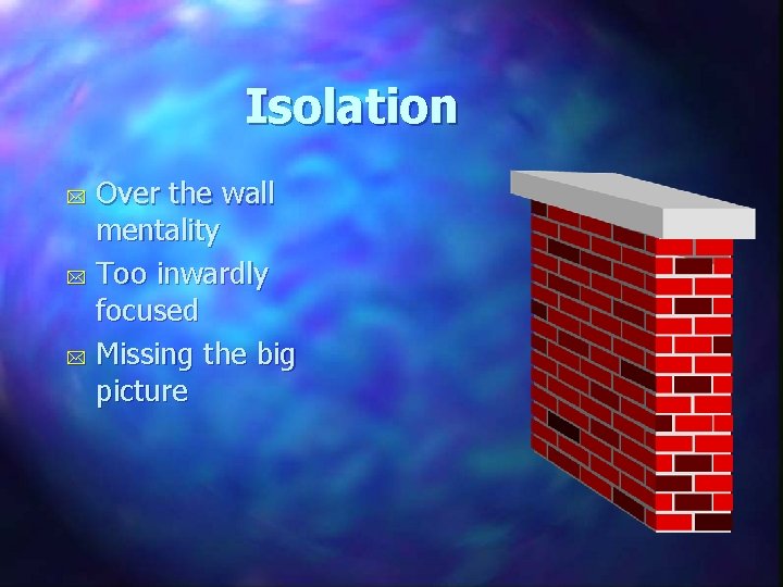 Isolation Over the wall mentality * Too inwardly focused * Missing the big picture