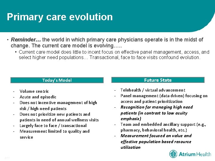 Primary care evolution • Reminder… the world in which primary care physicians operate is