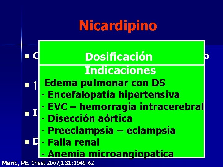 Nicardipino n Calcio antagonista dihidropiridinico Dosificación Indicaciones n n n -Edema Infusión de 5 Nicardipino n Calcio antagonista dihidropiridinico Dosificación Indicaciones n n n -Edema Infusión de 5