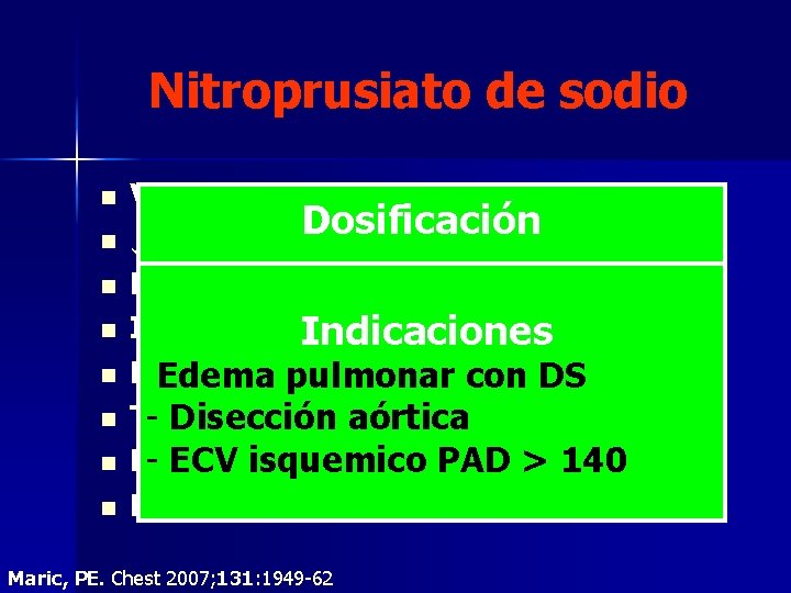Nitroprusiato de sodio n n n n Vasodilatador arterial y venoso Dosificación ↓ Precarga, Nitroprusiato de sodio n n n n Vasodilatador arterial y venoso Dosificación ↓ Precarga,