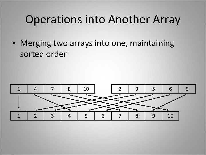 Operations into Another Array • Merging two arrays into one, maintaining sorted order 1