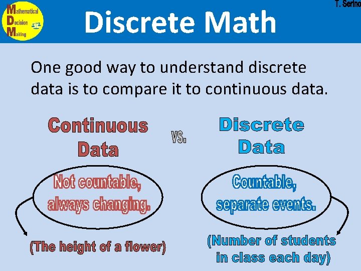 Discrete Math One good way to understand discrete data is to compare it to