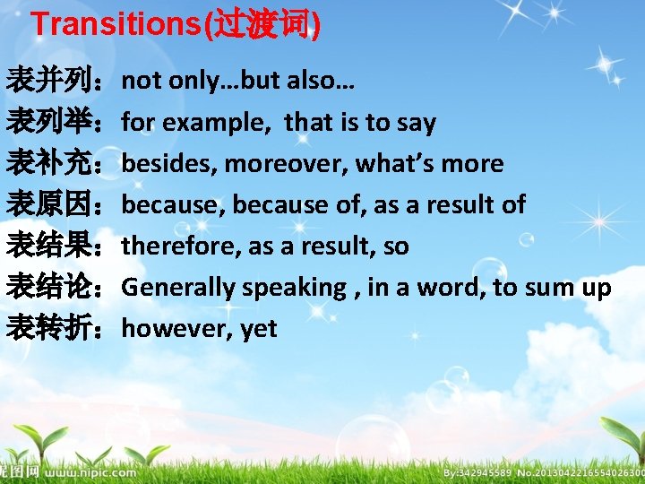 Transitions(过渡词) 表并列：not only…but also… 表列举：for example, that is to say 表补充：besides, moreover, what’s more