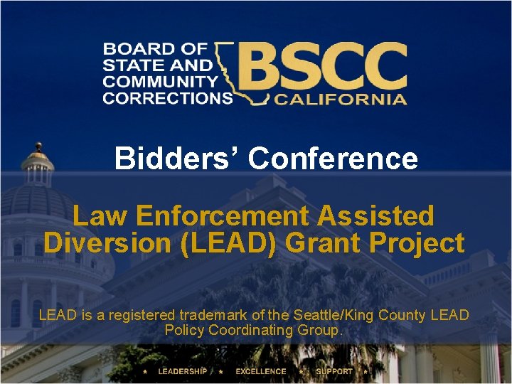 Bidders’ Conference Law Enforcement Assisted Diversion (LEAD) Grant Project LEAD is a registered trademark