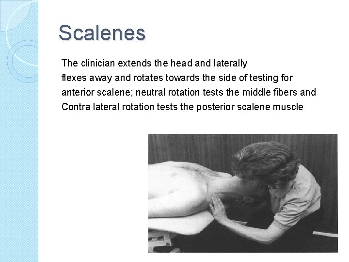 Scalenes The clinician extends the head and laterally flexes away and rotates towards the