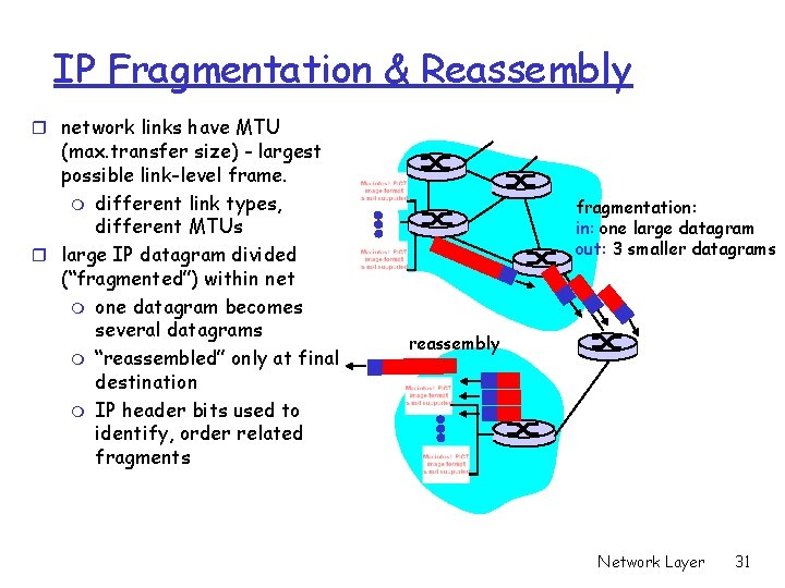 IP Fragmentation & Reassembly r network links have MTU (max. transfer size) - largest