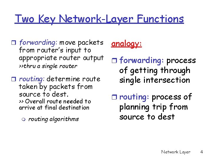Two Key Network-Layer Functions r forwarding: move packets from router’s input to appropriate router