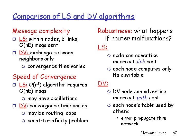Comparison of LS and DV algorithms Message complexity r LS: with n nodes, E