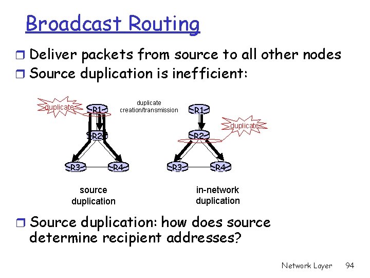 Broadcast Routing r Deliver packets from source to all other nodes r Source duplication