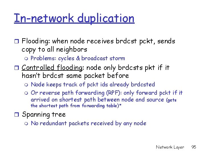 In-network duplication r Flooding: when node receives brdcst pckt, sends copy to all neighbors