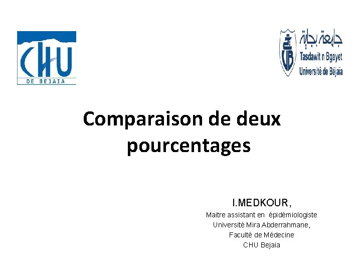 Comparaison de deux pourcentages I. MEDKOUR, Maitre assistant en épidémiologiste Université Mira Abderrahmane, Faculté