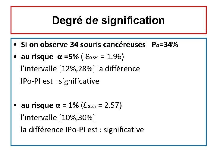 Degré de signification • Si on observe 34 souris cancéreuses Po=34% • au risque