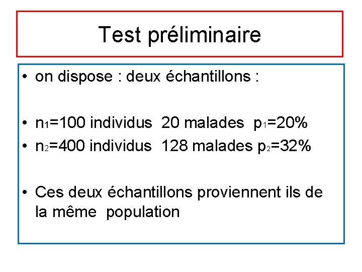 Test préliminaire • on dispose : deux échantillons : • n 1=100 individus 20