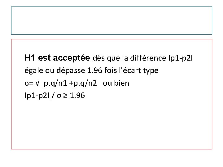 H 1 est acceptée dès que la différence Ip 1 -p 2 I égale