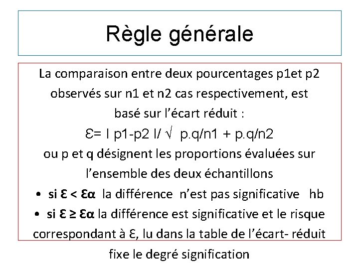 Règle générale La comparaison entre deux pourcentages p 1 et p 2 observés sur