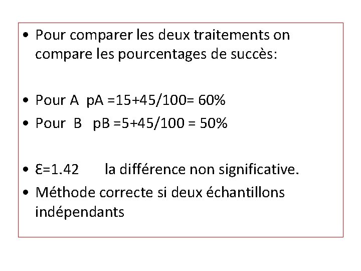  • Pour comparer les deux traitements on compare les pourcentages de succès: •
