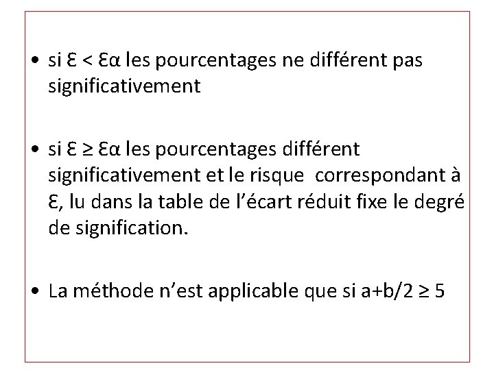  • si Ԑ < Ԑα les pourcentages ne différent pas significativement • si