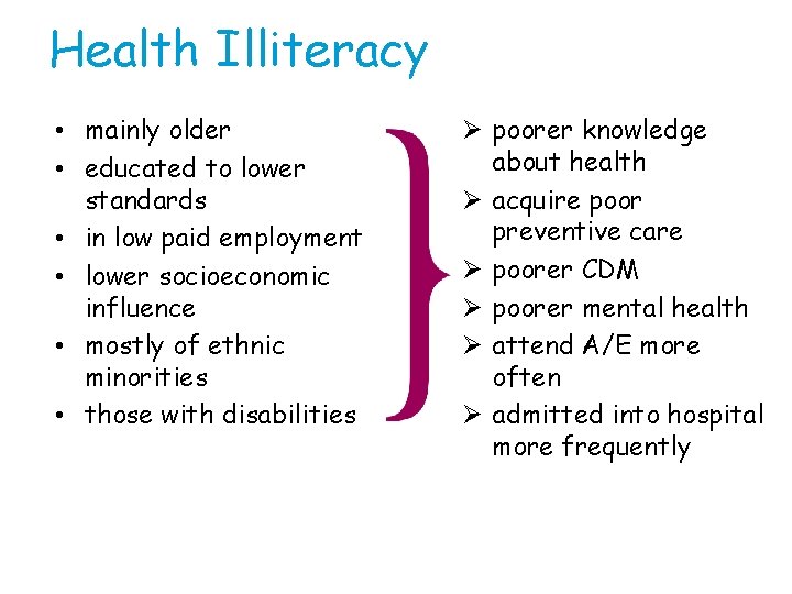 Health Illiteracy • mainly older • educated to lower standards • in low paid