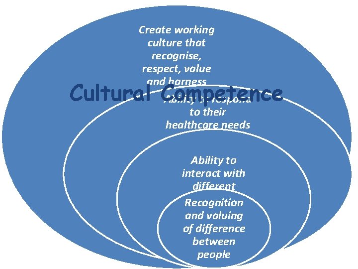 Create working culture that recognise, respect, value and harness difference Ability to respond to