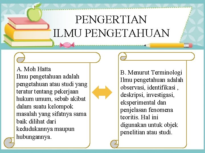 PENGERTIAN ILMU PENGETAHUAN A. Moh Hatta Ilmu pengetahuan adalah pengetahuan atau studi yang teratur