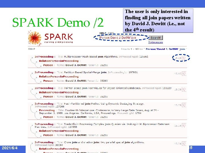 SPARK Demo /2 2021/6/4 SIGMOD 09 Tutorial The user is only interested in finding