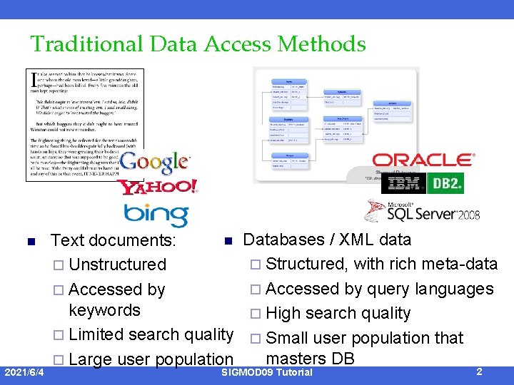 Traditional Data Access Methods n 2021/6/4 n Text documents: ¨ Unstructured ¨ Accessed by