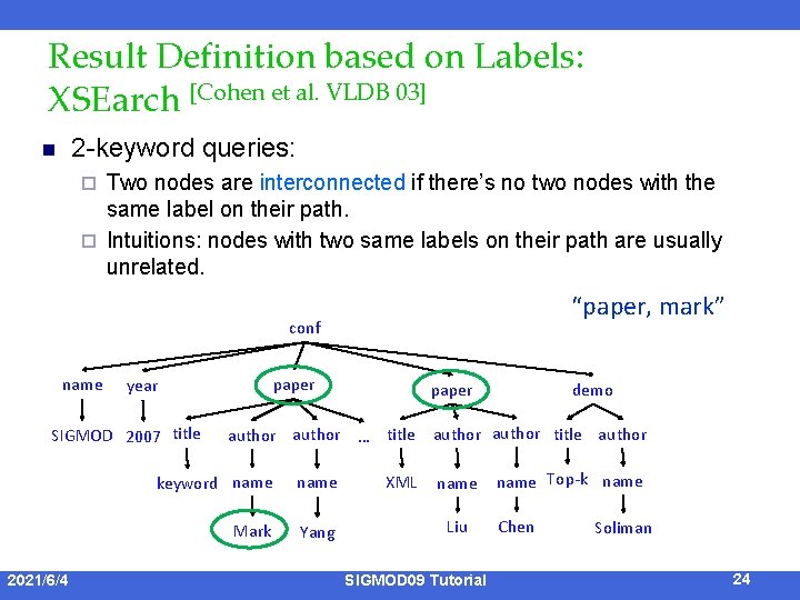 Result Definition based on Labels: XSEarch [Cohen et al. VLDB 03] 2 -keyword queries: