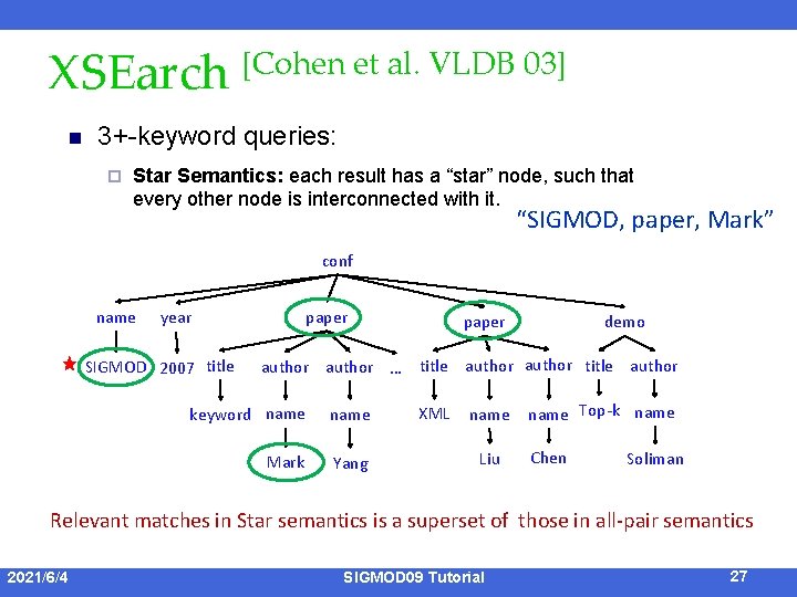 XSEarch [Cohen et al. VLDB 03] n 3+-keyword queries: ¨ Star Semantics: each result