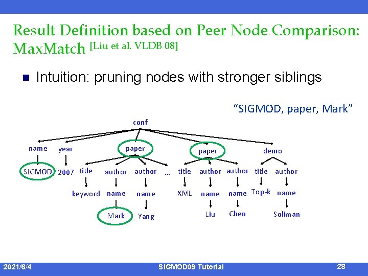 Result Definition based on Peer Node Comparison: Max. Match [Liu et al. VLDB 08]