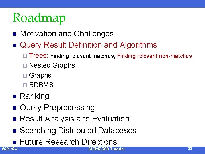 Roadmap n n Motivation and Challenges Query Result Definition and Algorithms ¨ Trees: Finding