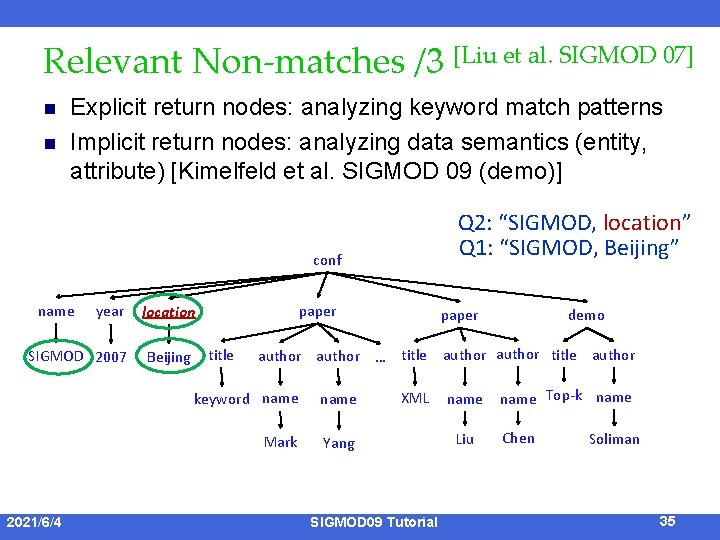 Relevant Non-matches /3 [Liu et al. SIGMOD 07] n n Explicit return nodes: analyzing