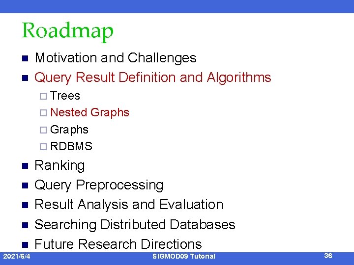 Roadmap n n Motivation and Challenges Query Result Definition and Algorithms ¨ Trees ¨