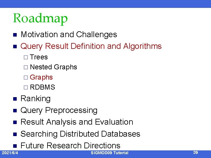 Roadmap n n Motivation and Challenges Query Result Definition and Algorithms ¨ Trees ¨
