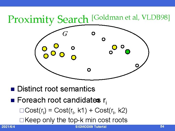Proximity Search [Goldman et al, VLDB 98] G Distinct root semantics n Foreach root