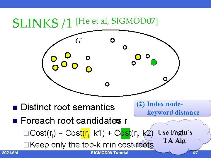 SLINKS /1 [He et al, SIGMOD 07] G Distinct root semantics n Foreach root