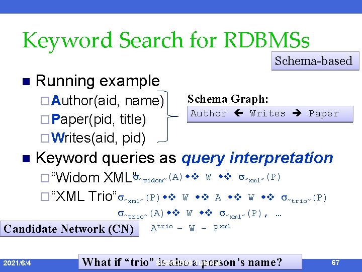 Keyword Search for RDBMSs Schema-based n Running example ¨ Author(aid, name) ¨ Paper(pid, title)