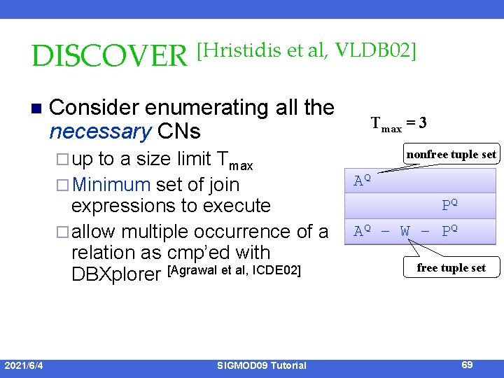 DISCOVER [Hristidis et al, VLDB 02] n Consider enumerating all the necessary CNs ¨