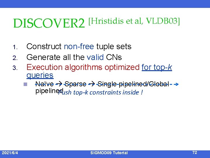 DISCOVER 2 [Hristidis et al, VLDB 03] 1. 2. 3. Construct non-free tuple sets