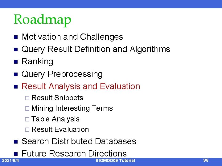 Roadmap n n n Motivation and Challenges Query Result Definition and Algorithms Ranking Query