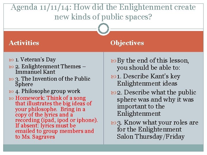 Agenda 11/11/14: How did the Enlightenment create new kinds of public spaces? Activities Objectives