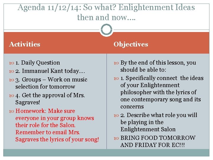 Agenda 11/12/14: So what? Enlightenment Ideas then and now…. Activities Objectives 1. Daily Question