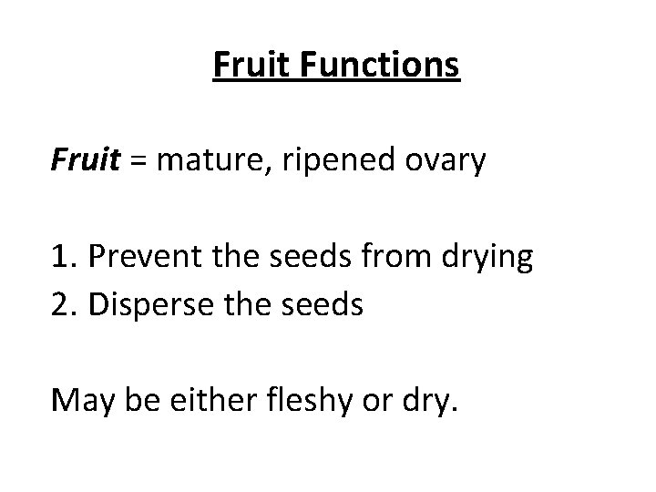 Fruit Functions Fruit = mature, ripened ovary 1. Prevent the seeds from drying 2.