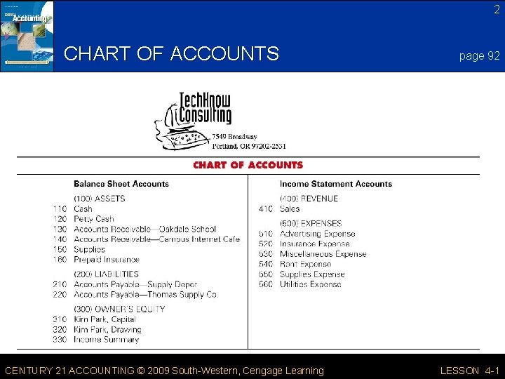 2 CHART OF ACCOUNTS CENTURY 21 ACCOUNTING © 2009 South-Western, Cengage Learning page 92